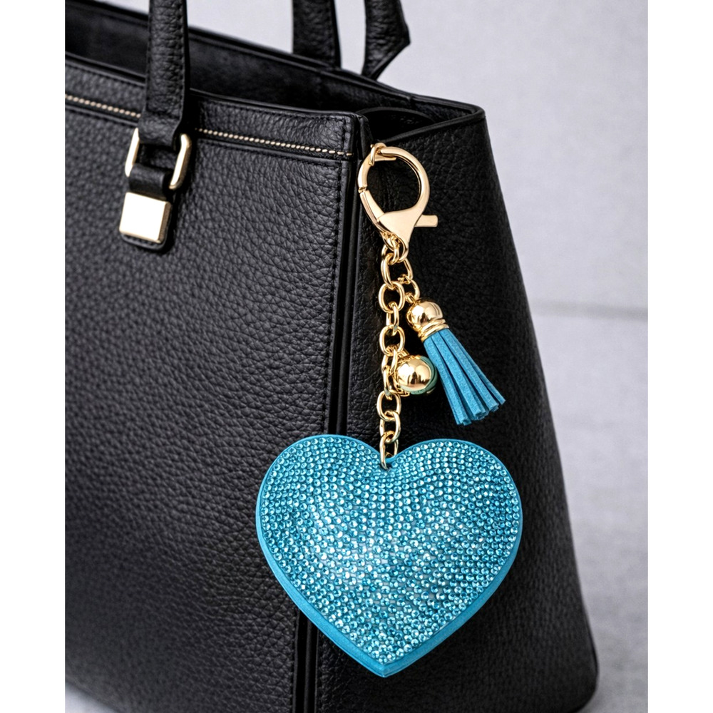 Heart Rhinestone Bling Keychain Tassel Blue Purse Bag Charm Gift Sparkkle New‎